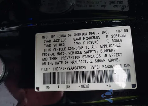 2010 Honda Accord 2.4 Ex z USA, uszkodzony, nr VIN 1HGCP2F72AA047035